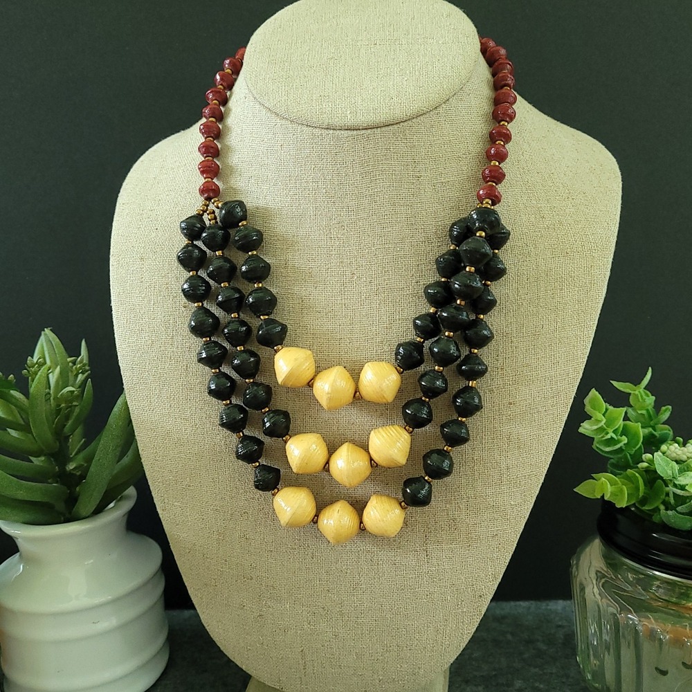 OOAK Handmade Recycled Paper Bead Black Cream 3 Strand Necklace 17in